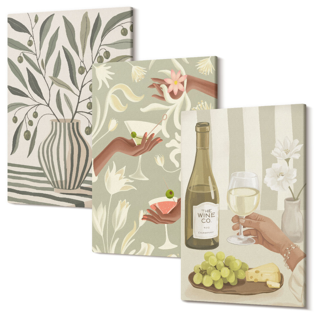 Sada obrazů triptych Olivové květy a rustikální koktejly