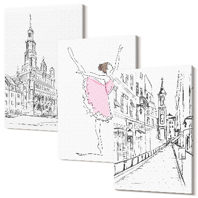 Sada obrazů triptych Stylové obrazy tančících baletek a architektury