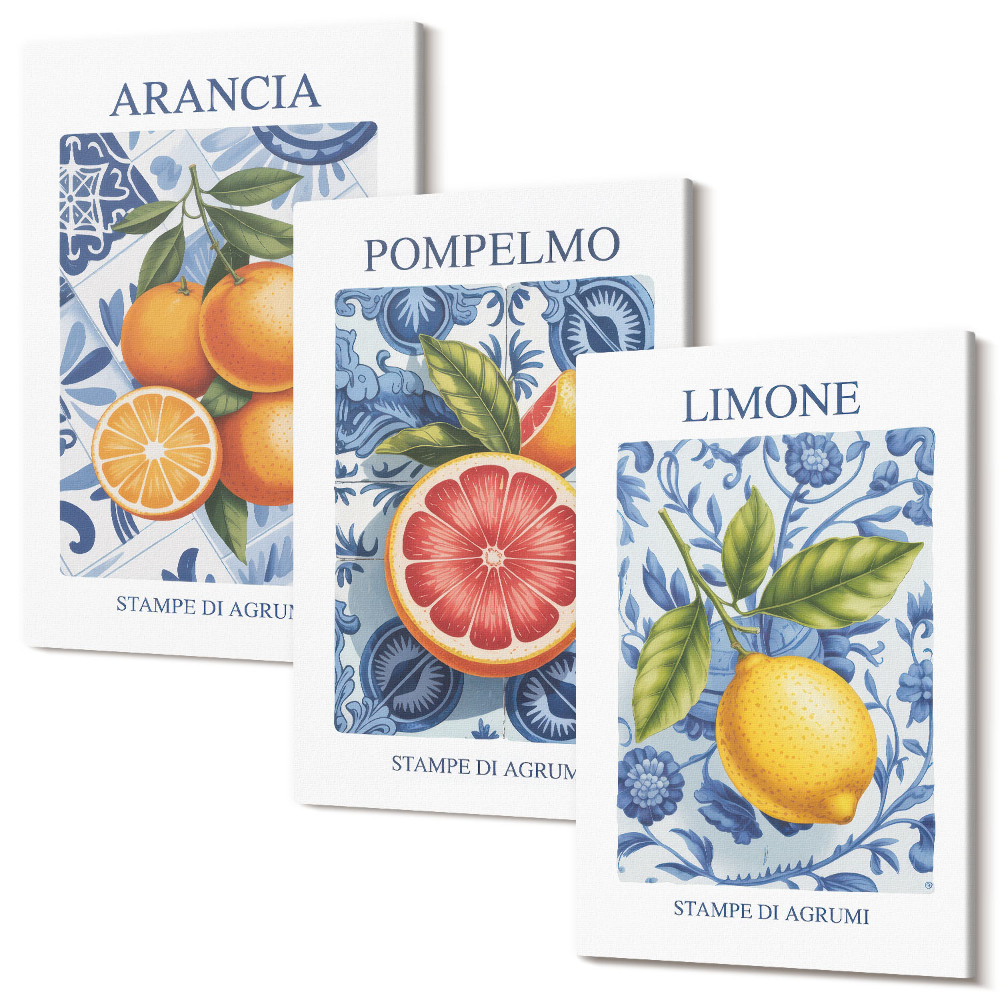 Sada obrazů na zeď triptych Vintage ilustrace citrusových plodů