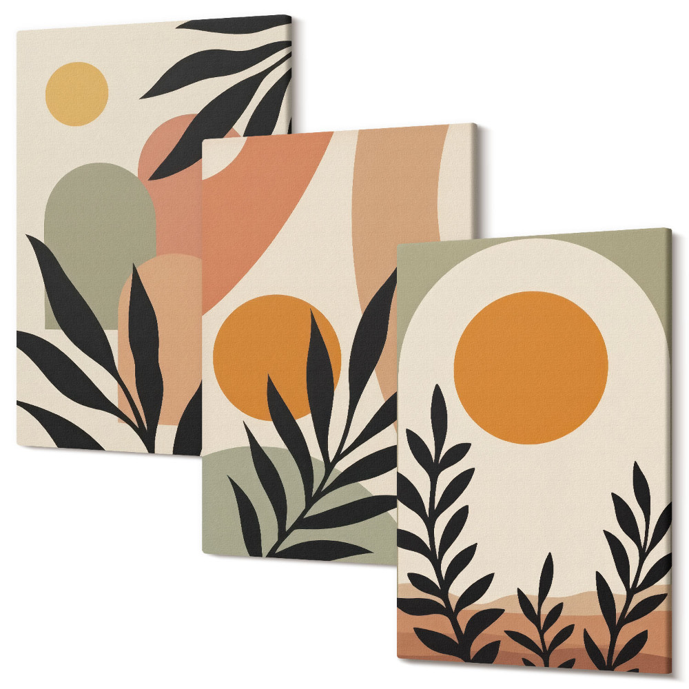 Sada obrazů triptych Abstraktní tvary a rostlinné motivy v teplých barvách