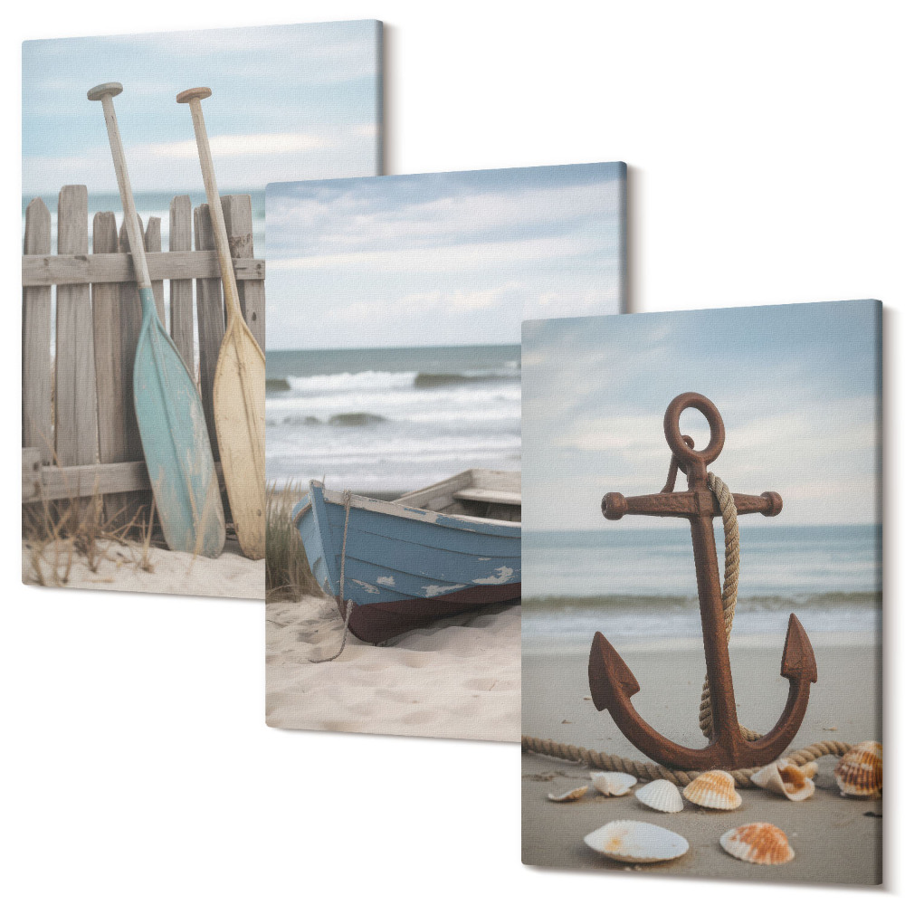 Sada obrazů na zeď triptych Pláž s veslicí a kotvou v písku