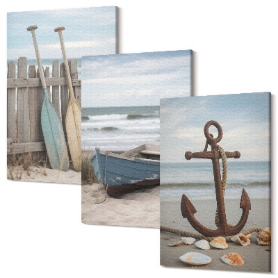 Sada obrazů na zeď triptych Pláž s veslicí a kotvou v písku