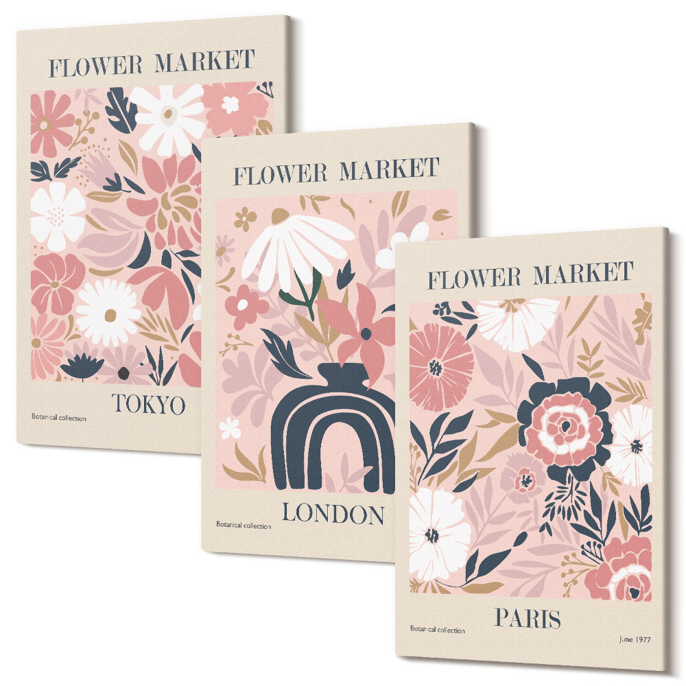 Sada obrazů na zeď triptych Květinové motivy v Tokiu, Londýně a Paříži