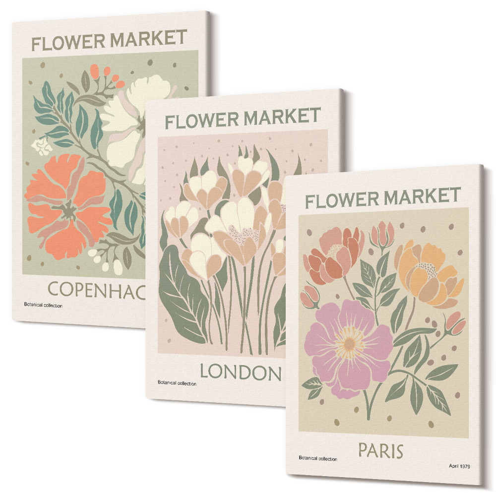 Sada 3 obrazů Květinové plakáty Kodaň Londýn Paříž