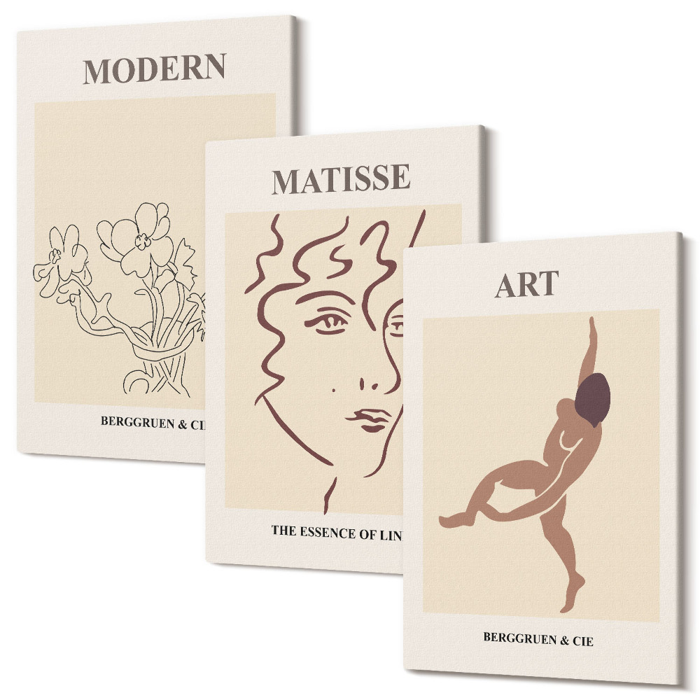 Sada 3 obrazů Stylová grafika s květinami, tvářemi a lidskými postavami