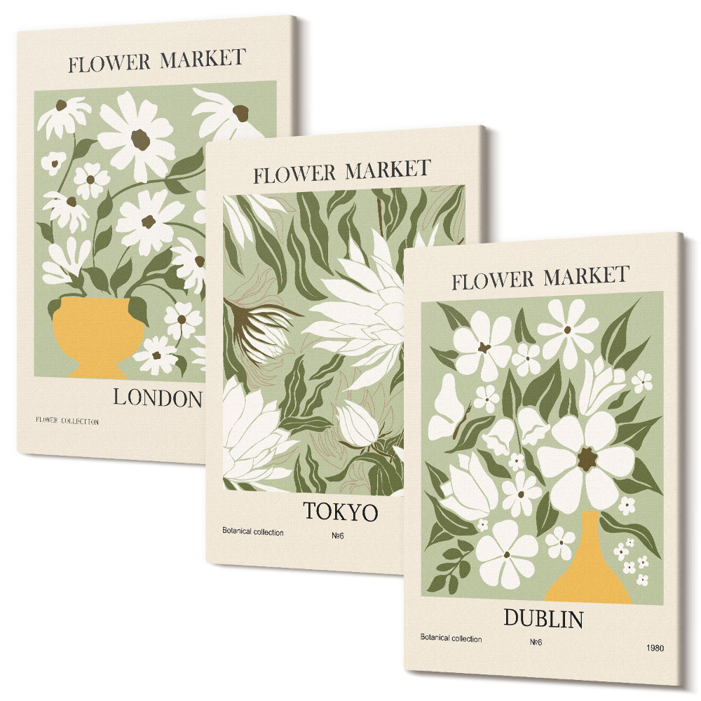 Sada obrazů na zeď triptych Květinové návrhy plakátů Londýn Tokio Dublin
