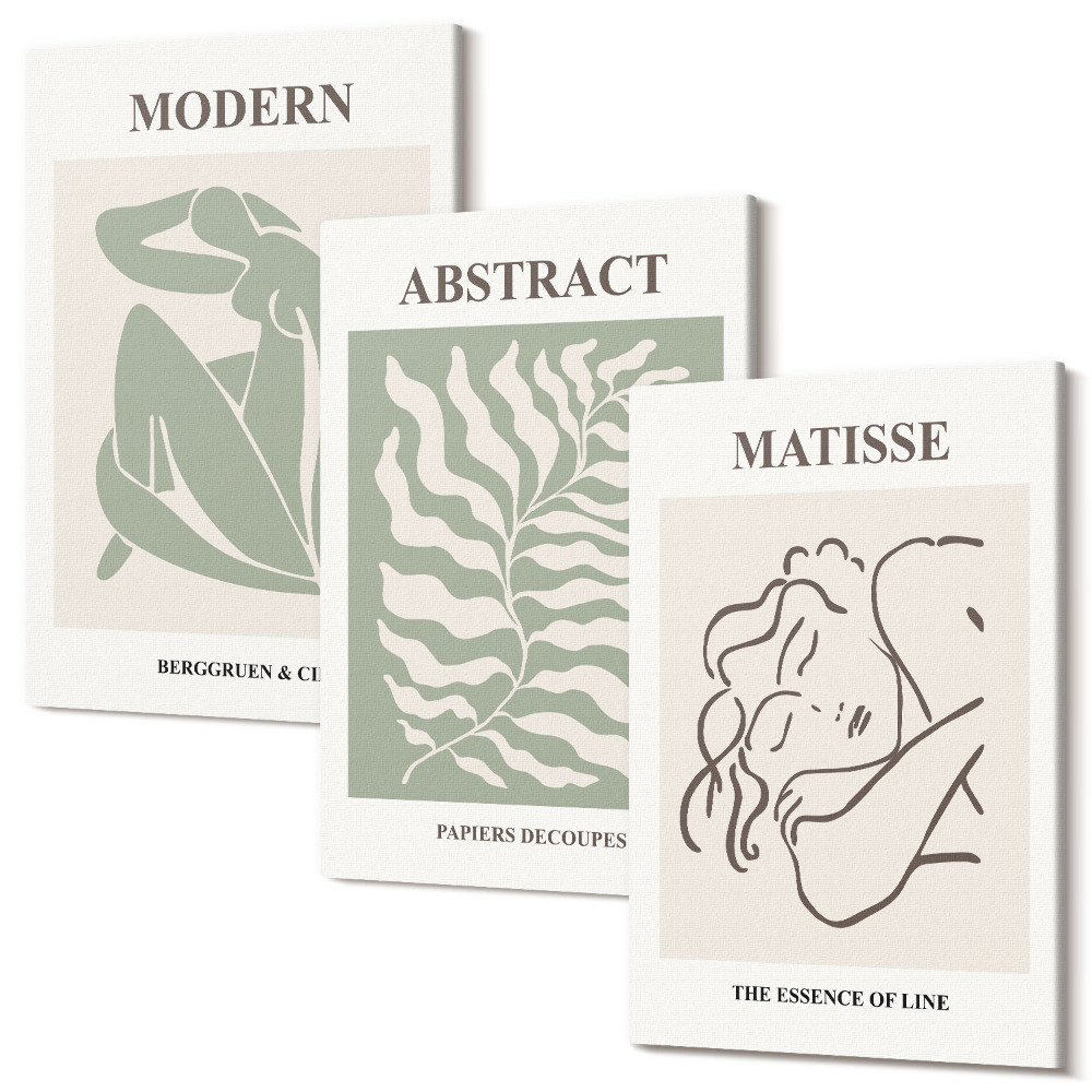 Sada obrazů na zeď triptych Stylové obrazy v odstínech zelené s postavami a listy