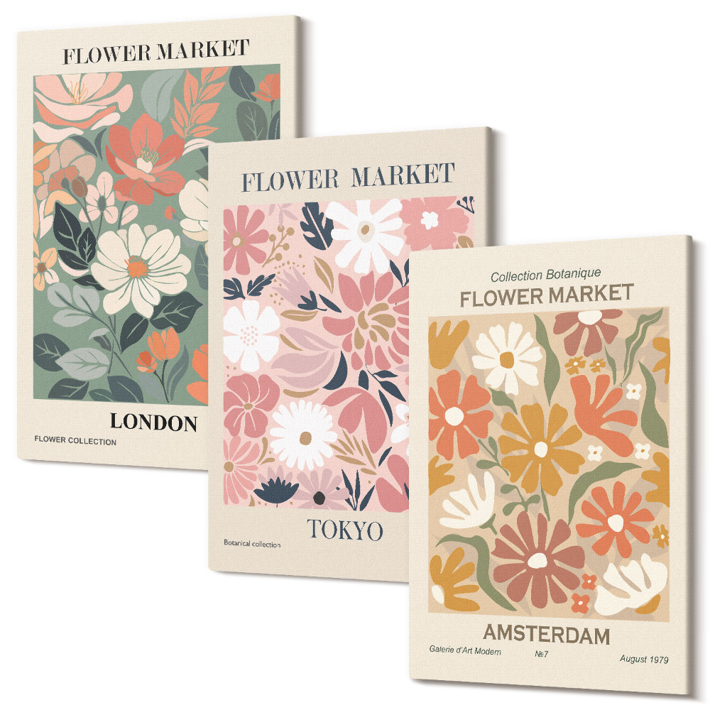 Sada obrazů na zeď triptych Květinové vzory Londýn, Tokio a Amsterdam plakáty
