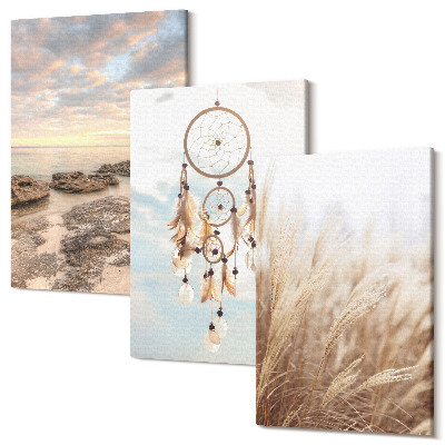 Sada obrazů triptych Výhled na moře s mraky, lapač snů a trávou