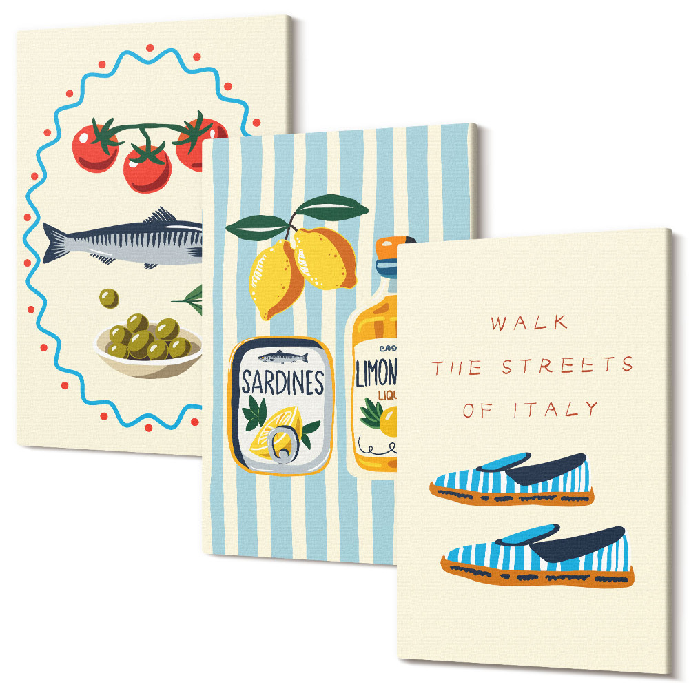 Sada obrazů na zeď triptych Italské chutě a životní styl v barevných obrazech
