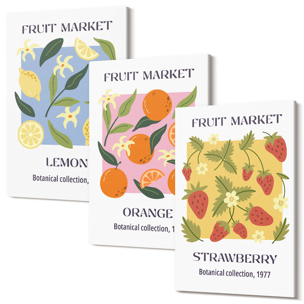 Sada obrazů na zeď triptych Ovocné plakáty s citrony, pomeranči a jahodami