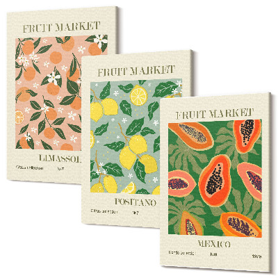 Sada obrazů triptych Citrusy a tropické ovoce v retro stylu