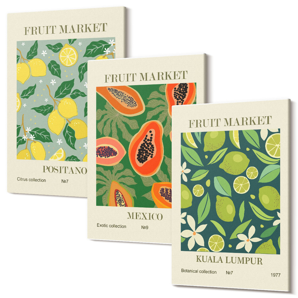 Sada obrazů triptych Ovocné vzory citronů, papáje a limetek