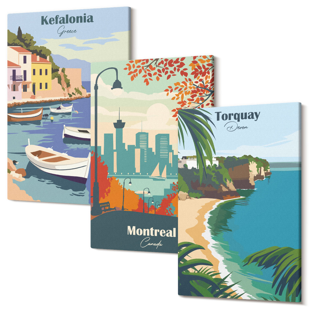 Sada 3 obrazů Panoráma měst a krajiny z Řecka, Kanady a Austrálie