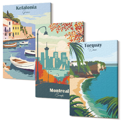 Sada 3 obrazů Panoráma měst a krajiny z Řecka, Kanady a Austrálie