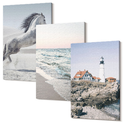 Sada obrazů na zeď triptych Koně v pohybu pláž a maják vodní vlny