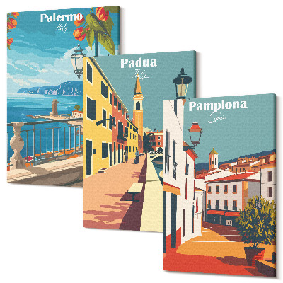 Sada obrazů na zeď triptych Oblíbená města v retro názorném stylu