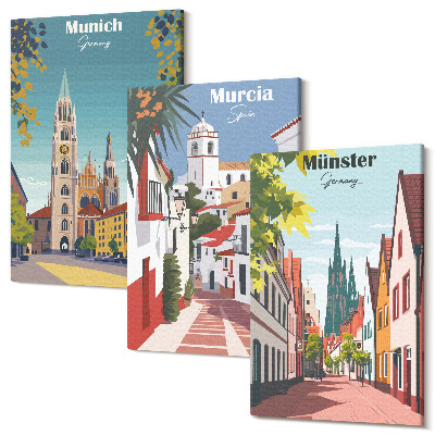 Sada 3 obrazů Evropská města v barevných ilustracích