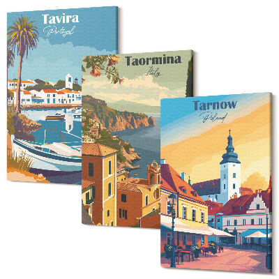 Sada obrazů triptych Pohledy na pobřežní města a jejich architekturu