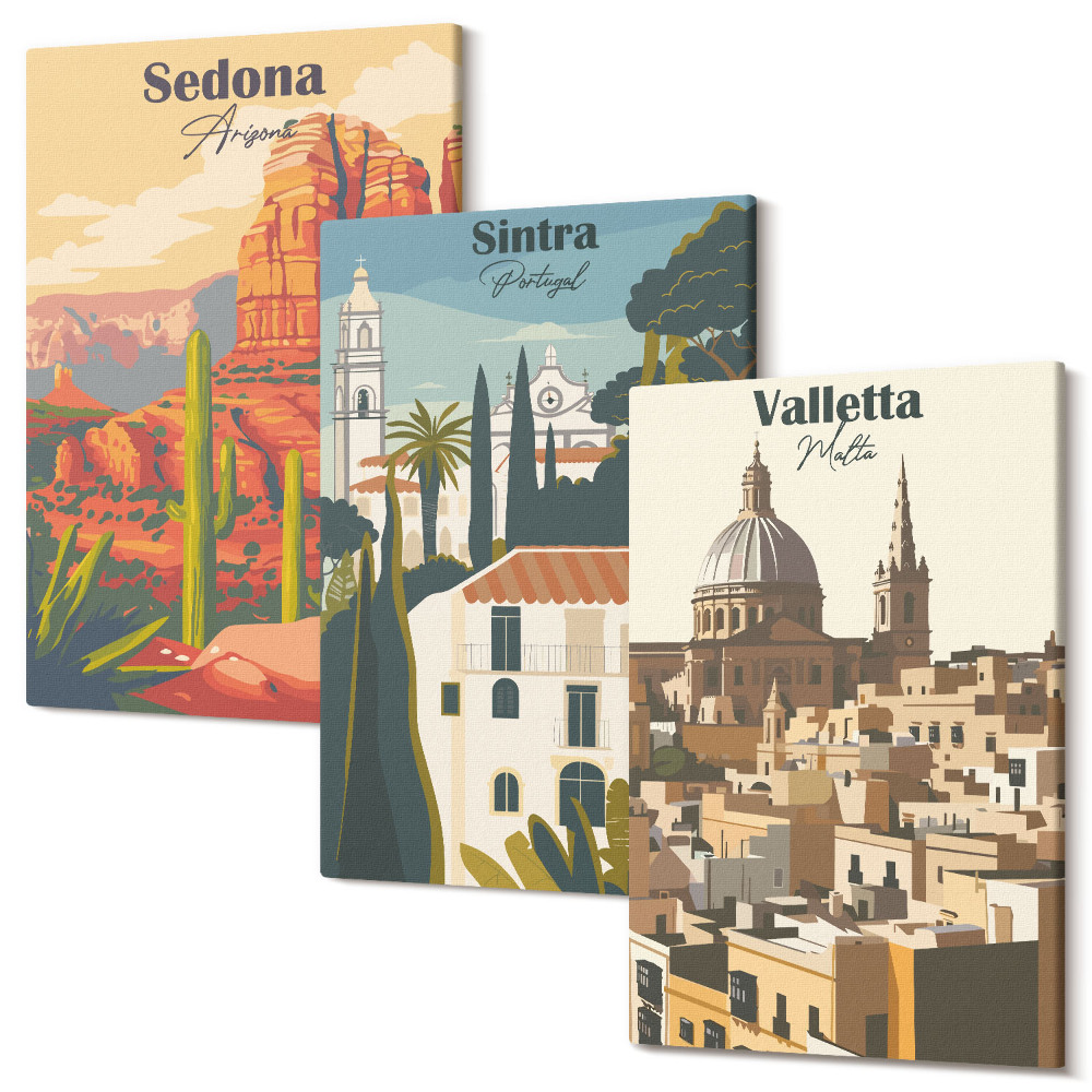 Sada 3 obrazů Retro panoráma města Sedona Sintra Valletta