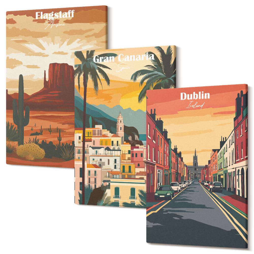 Sada obrazů triptych Krajiny měst a přírody v teplých barvách