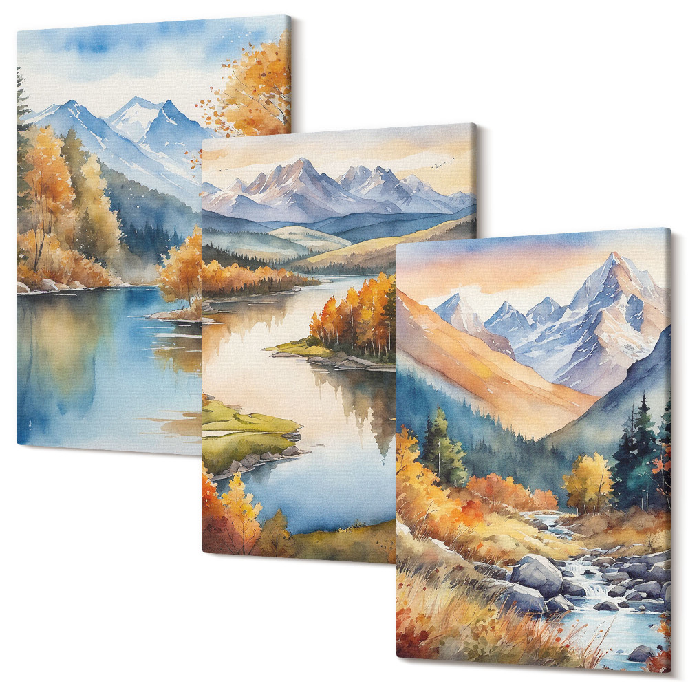 Sada obrazů triptych Výhled na hory s řekou a podzimními stromy
