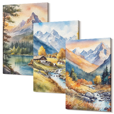 Sada obrazů na zeď triptych Horská krajina s řekou a chalupami v podzimních barvách