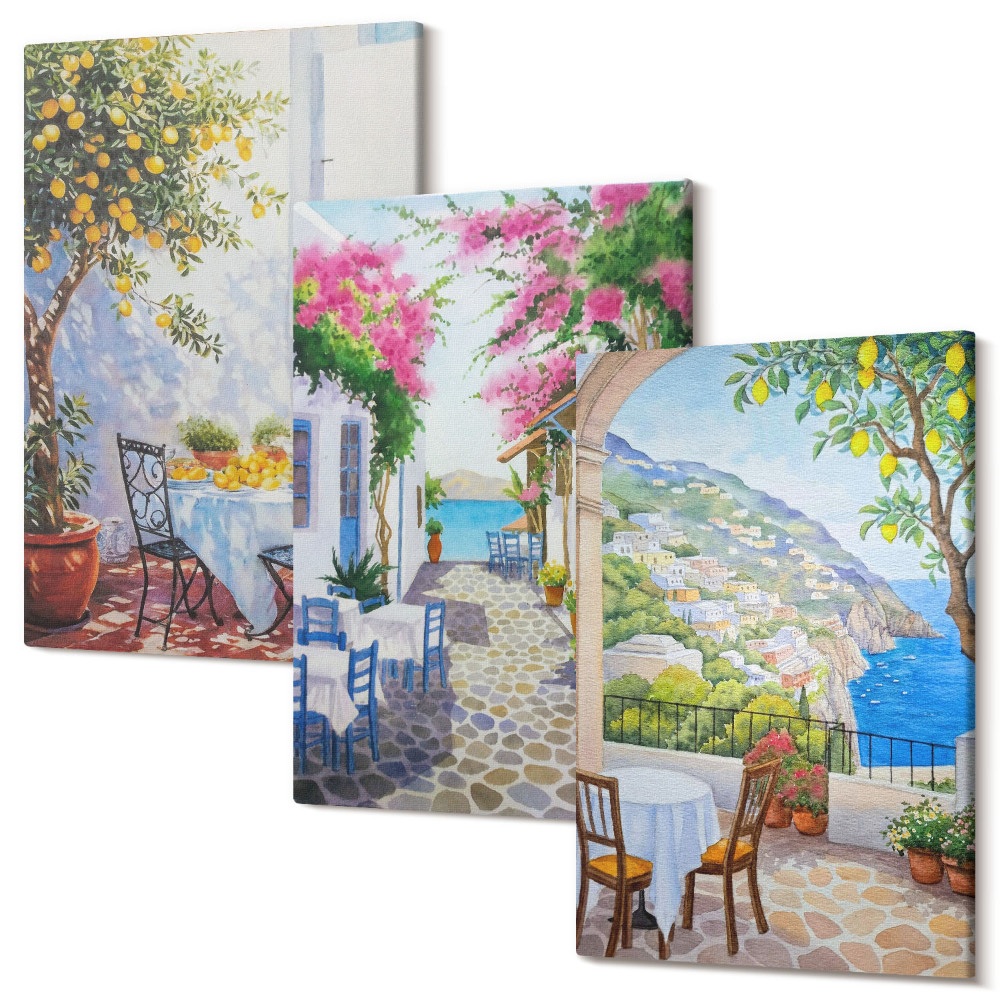 Sada 3 obrazů Okouzlující uličky s kvetoucími rostlinami a výhledem na moře