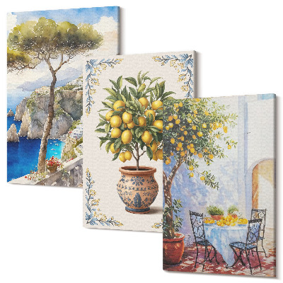 Sada obrazů na zeď triptych Výhled na moře s citroníkem a zahradním stolem