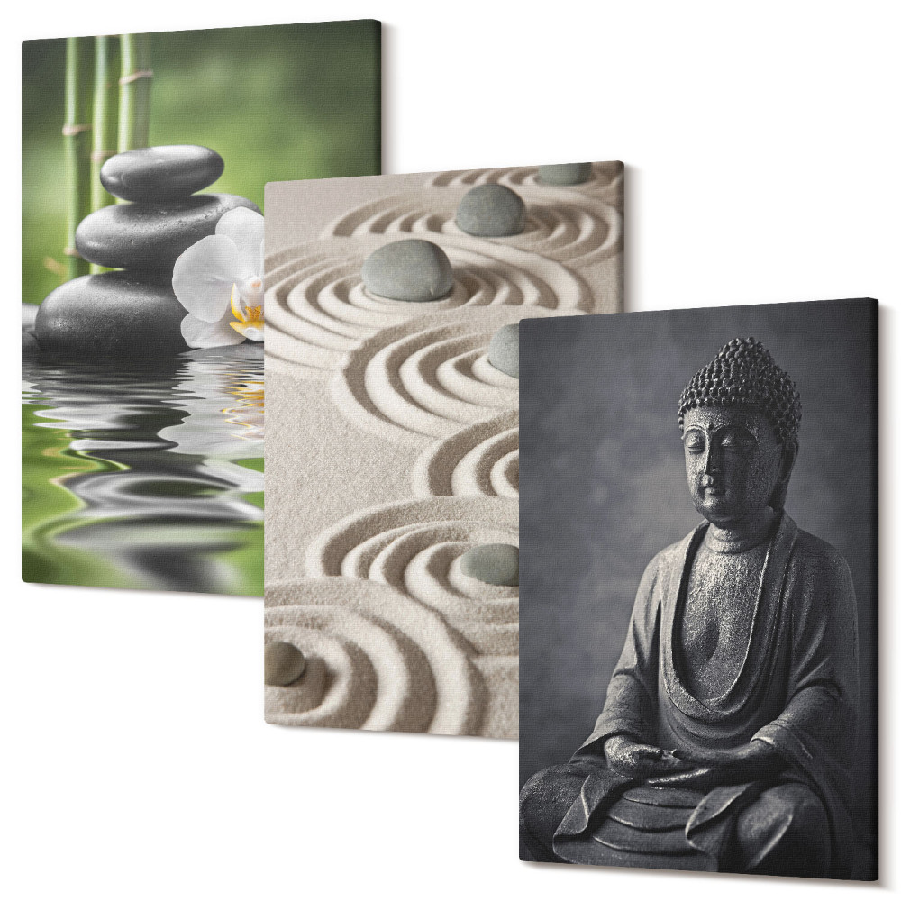 Sada 3 obrazů Relaxační pohled na Buddhu, kameny na pláži a bambus