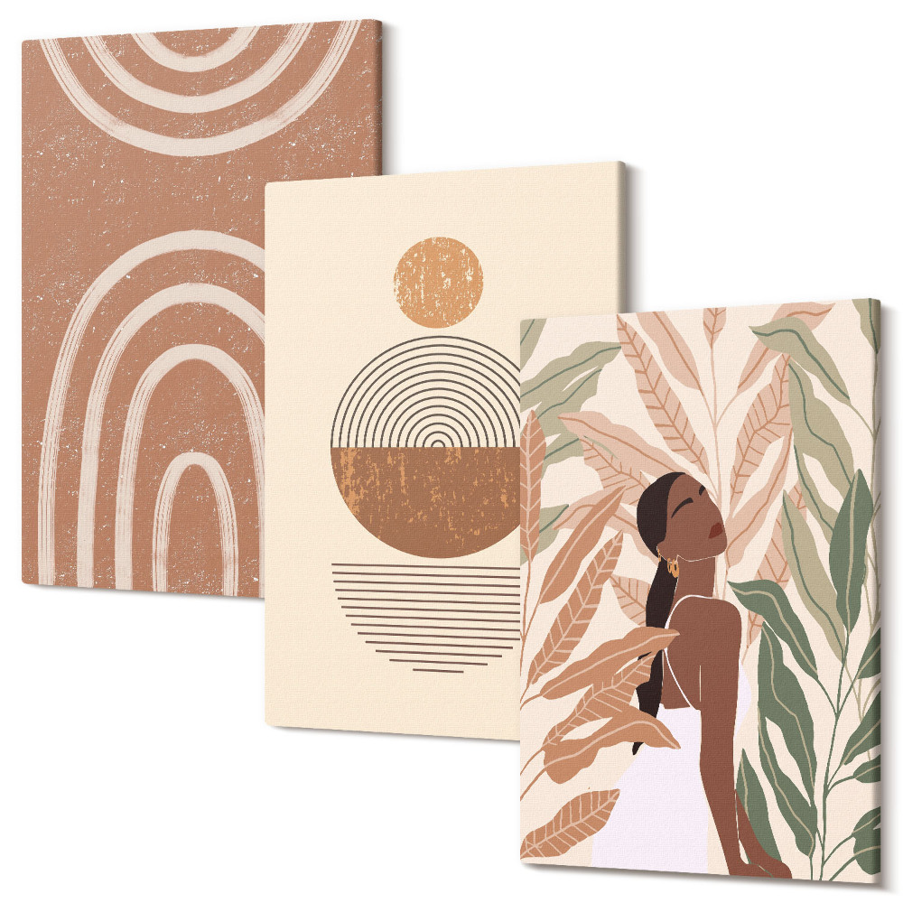 Sada obrazů triptych Stylové vzory s rostlinnými motivy a geometrickými tvary