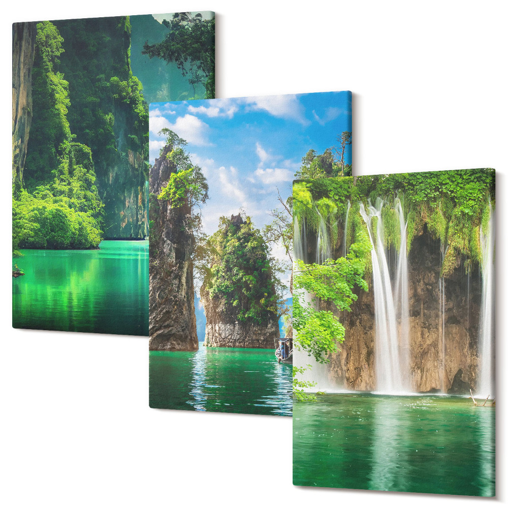 Sada 3 obrazů Zelené krajiny s vodopády a skalami