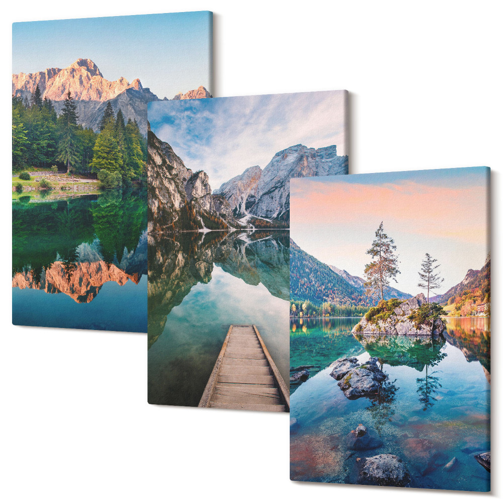Sada 3 obrazů Horská jezera s odrazy ve vodě a lese