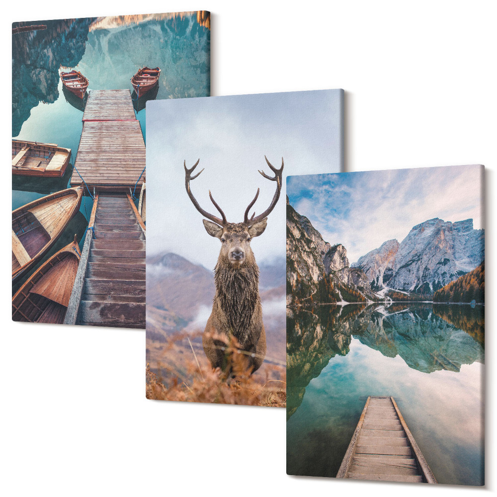 Sada obrazů na zeď triptych Jezero s loděmi, jeleny a horskou krajinou