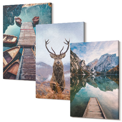 Sada obrazů na zeď triptych Jezero s loděmi, jeleny a horskou krajinou