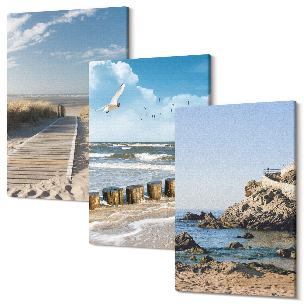 Sada 3 obrazů Pláž s dřevěnou cestou, mořem a přímořskými útesy