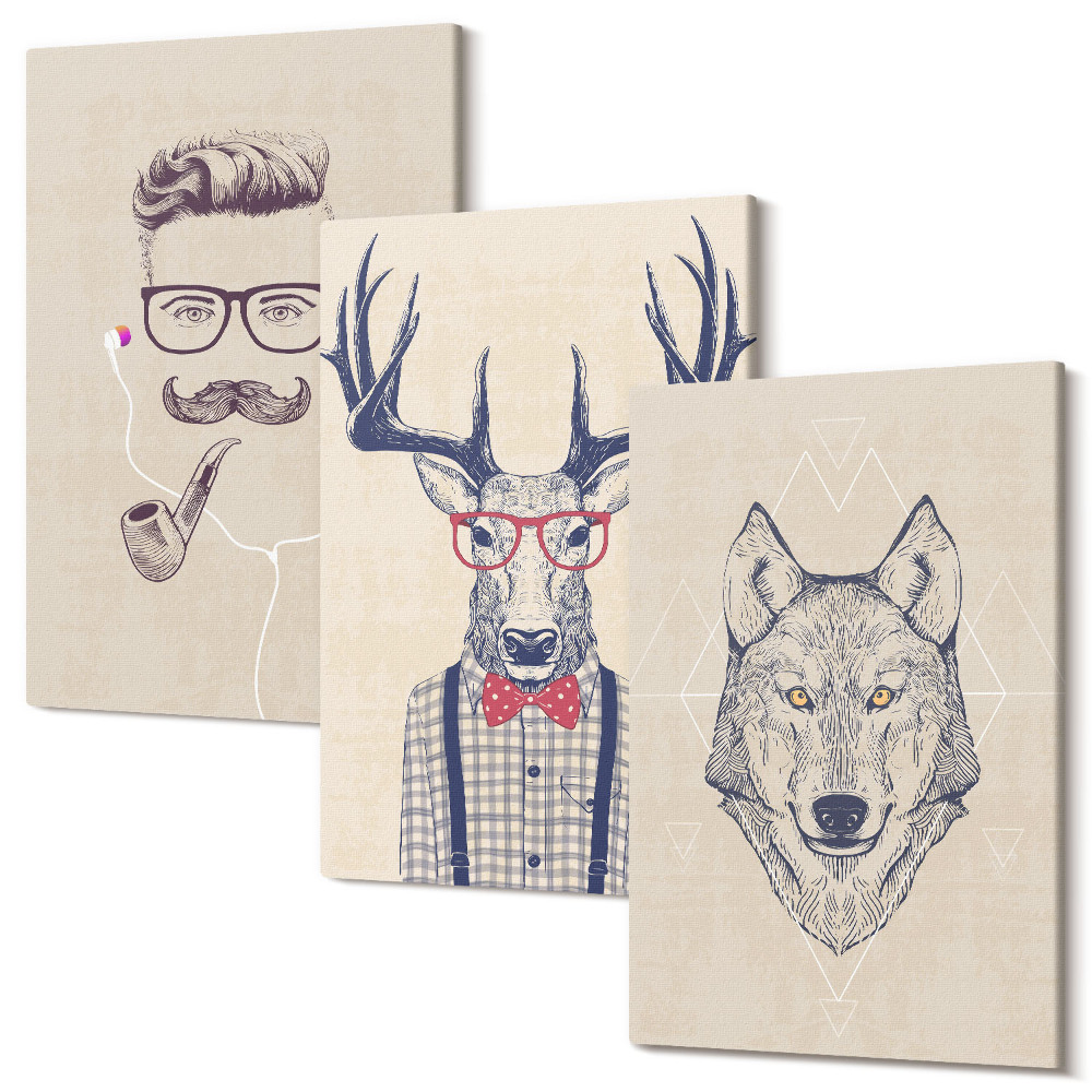 Sada obrazů triptych Stylové portréty zvířat a mužů
