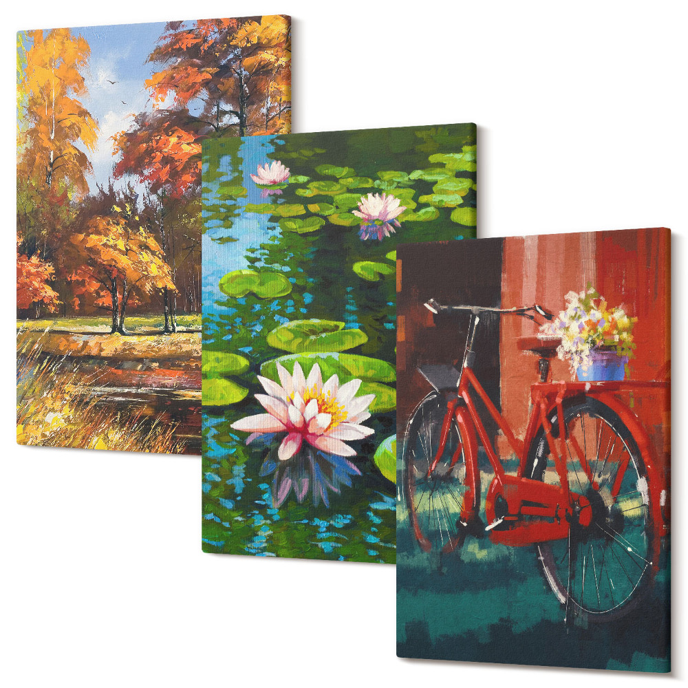 Sada obrazů na zeď triptych Podzimní barvy, lilie rybník, kolo na terase