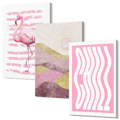Sada 3 obrazů Růžové plameňáci pastelové horské krajiny Chill nápisy