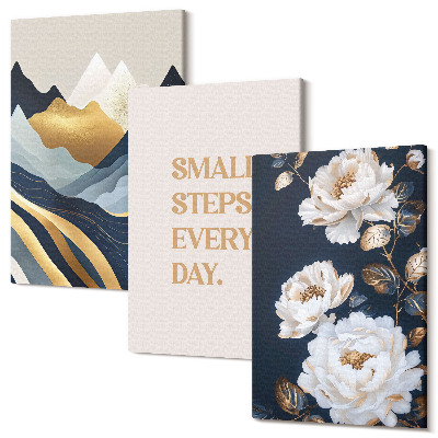 Sada obrazů na zeď triptych Abstraktní hory květiny a inspirující nápisy