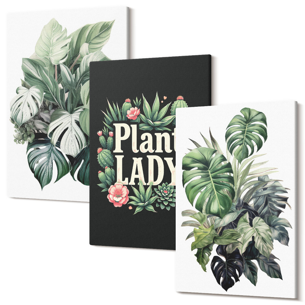Sada 3 obrazů Tropické rostliny s nápisem Plant Lady v zelené barvě