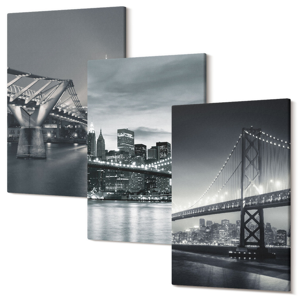 Sada obrazů na zeď triptych Mosty a městská architektura v odstínech šedé