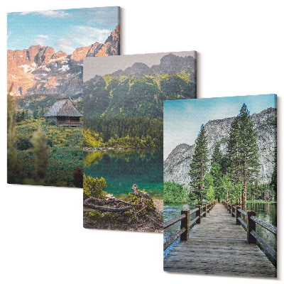 Sada 3 obrazů Horské krajiny s jezerem a dřevěným molem