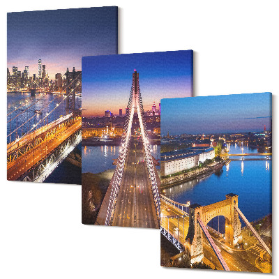 Sada 3 obrazů Noční pohledy na města s mosty a řekami