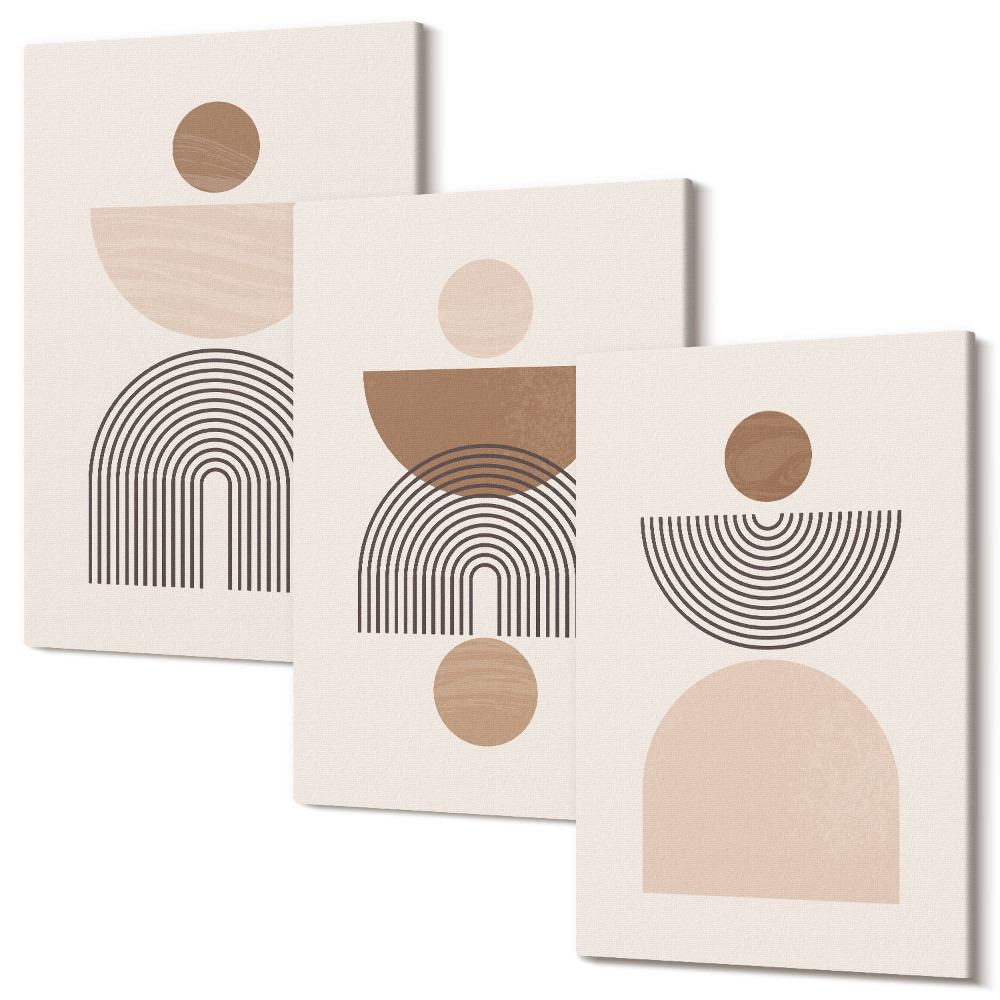 Sada obrazů na zeď triptych Abstraktní tvary v odstínech hnědé a béžové