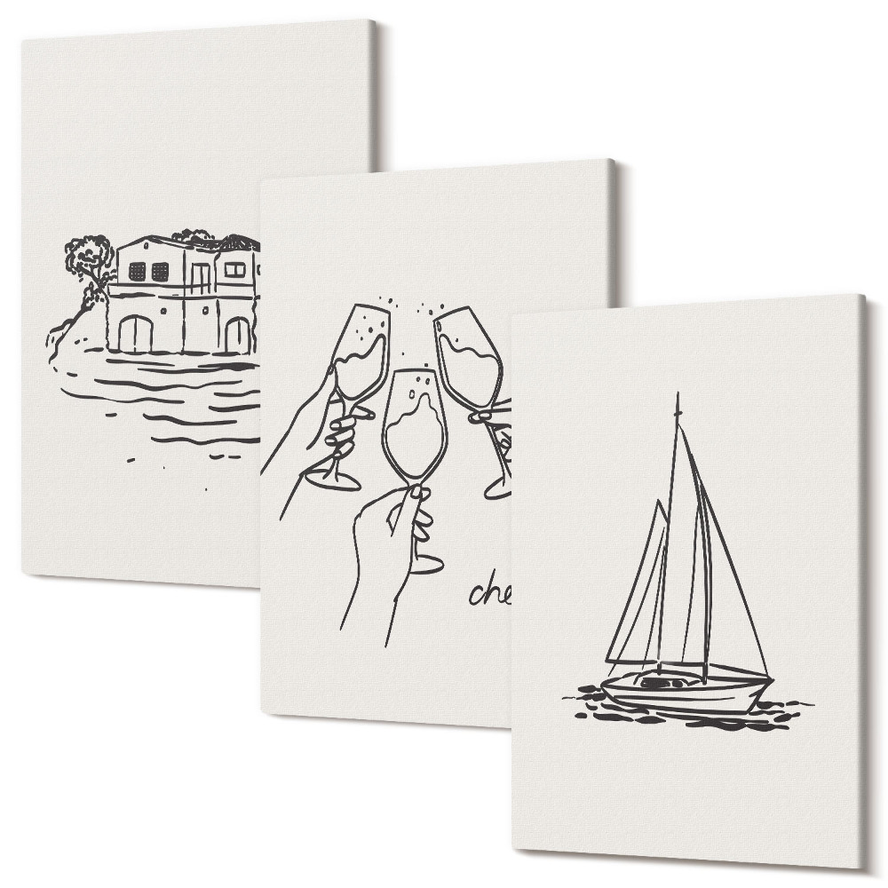 Sada obrazů na zeď triptych Výhledy na dům u vody, toast se skleničkami, plachetnice