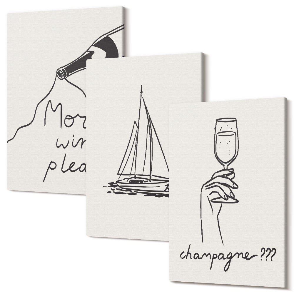 Sada 3 obrazů Vinná plachetnice sklenice na šampaňské lineární styl