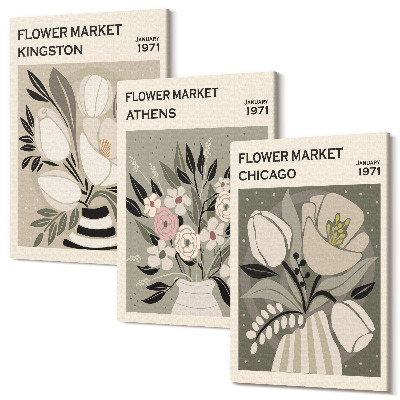 Sada 3 obrazů Květinová aranžmá v retro stylu z různých měst