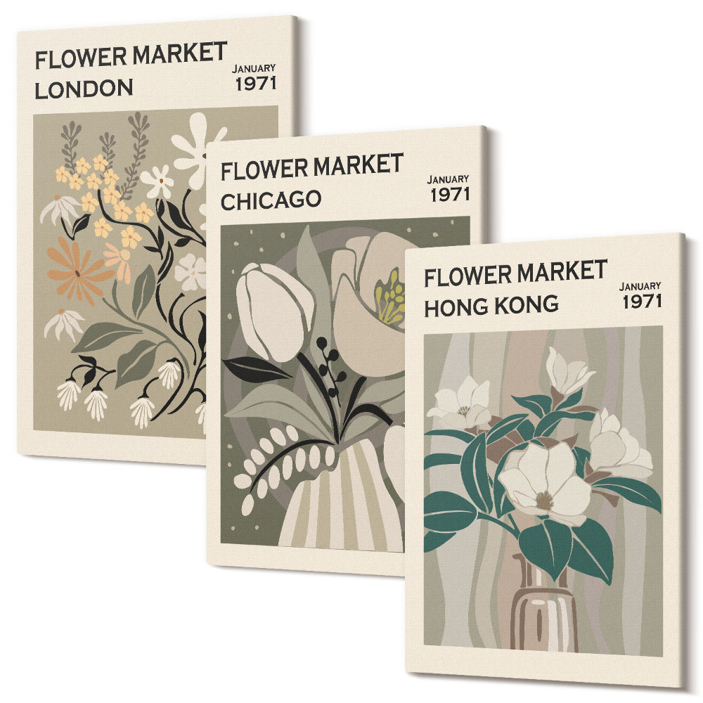 Sada obrazů triptych Květinové trhy v Londýně, Chicagu a Hong Kongu