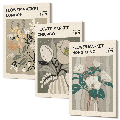 Sada obrazů triptych Květinové trhy v Londýně, Chicagu a Hong Kongu